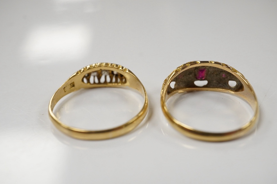 An early 29th century 18ct gold, ruby and diamond set ring, size M and a similar 18ct and graduated five stone diamond chip set ring, gross weight 5.1 grams. Condition - poor